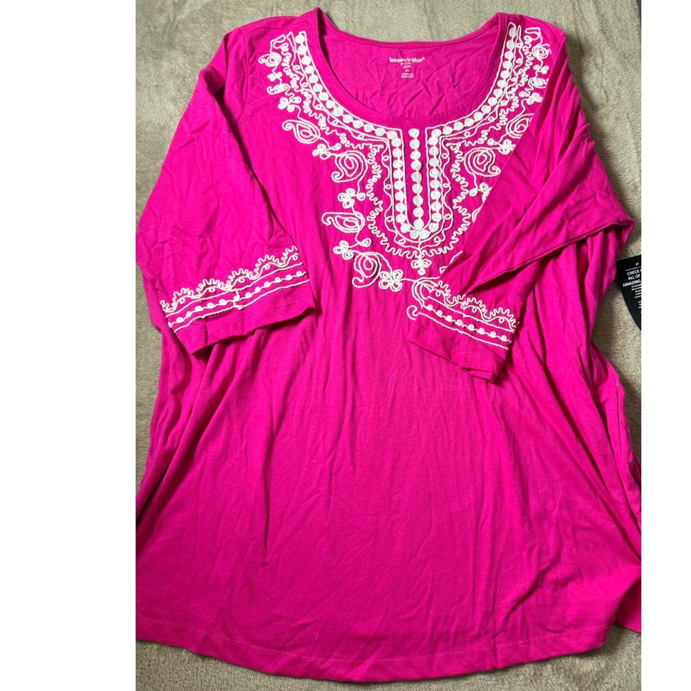 Woman Within Magenta Pink Embroidered Tunic Top 2X Cotton Boho Basics New